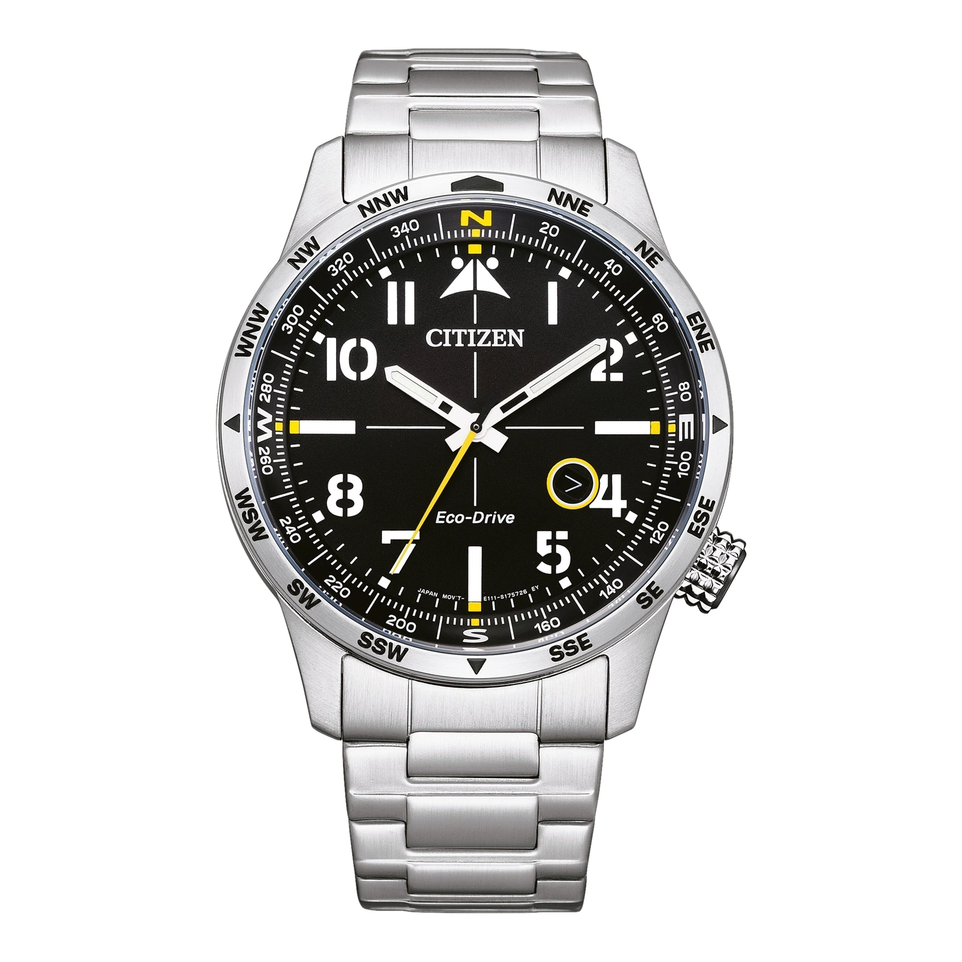 Citizen-Uhr mit Kompasslünette und schwarzem Zifferblatt, Edelstahlarmband.