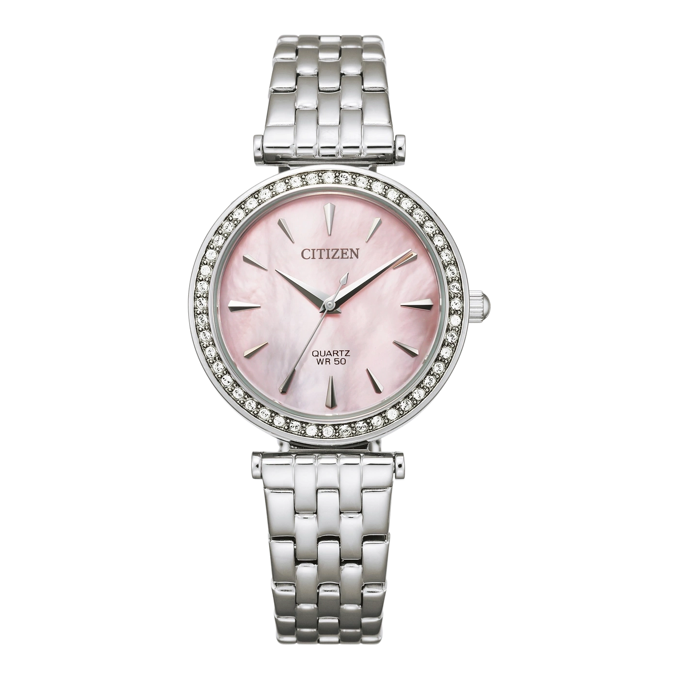Citizen-Uhr mit rosa Zifferblatt und Diamantlünette, silbernes Armband