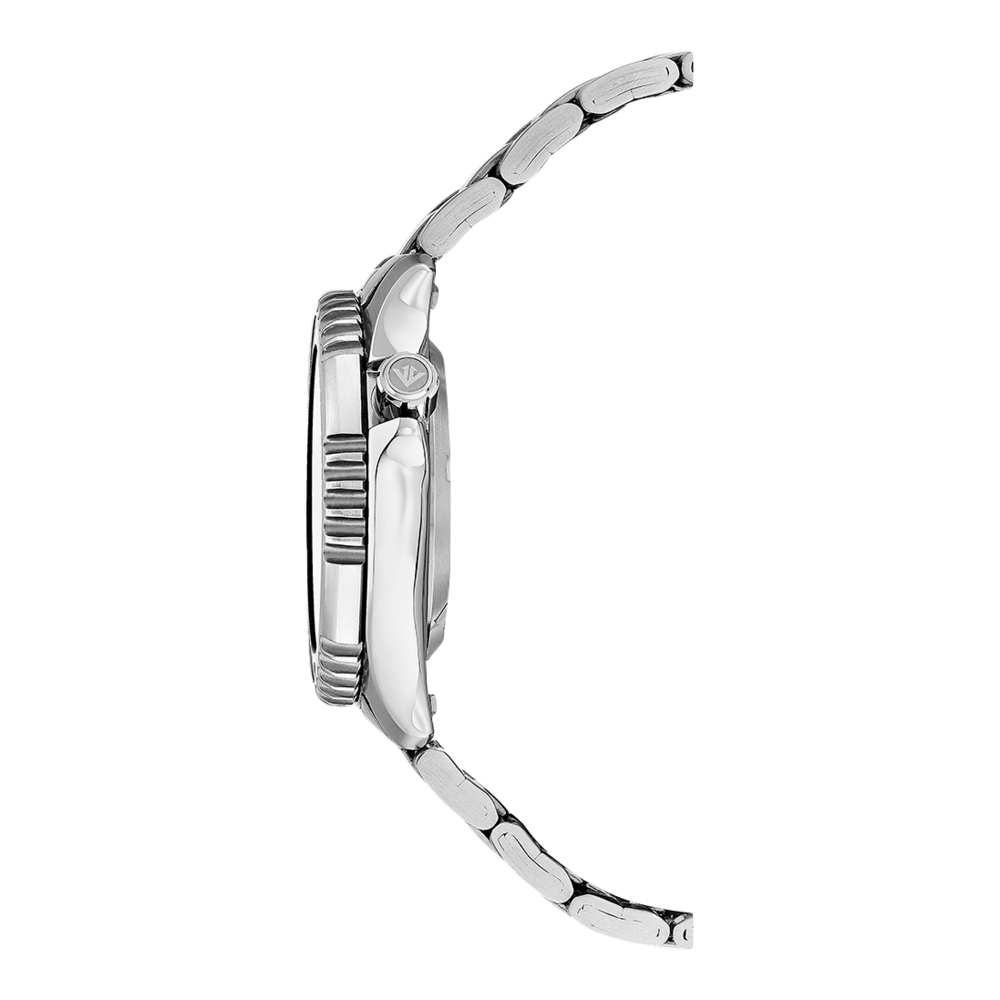 Seitenansicht einer silbernen Armbanduhr mit Metallband und schwarzem Zifferblatt.