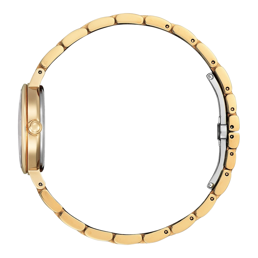 Goldene Uhr mit rundem Zifferblatt und goldenem Armband, Seitenansicht.