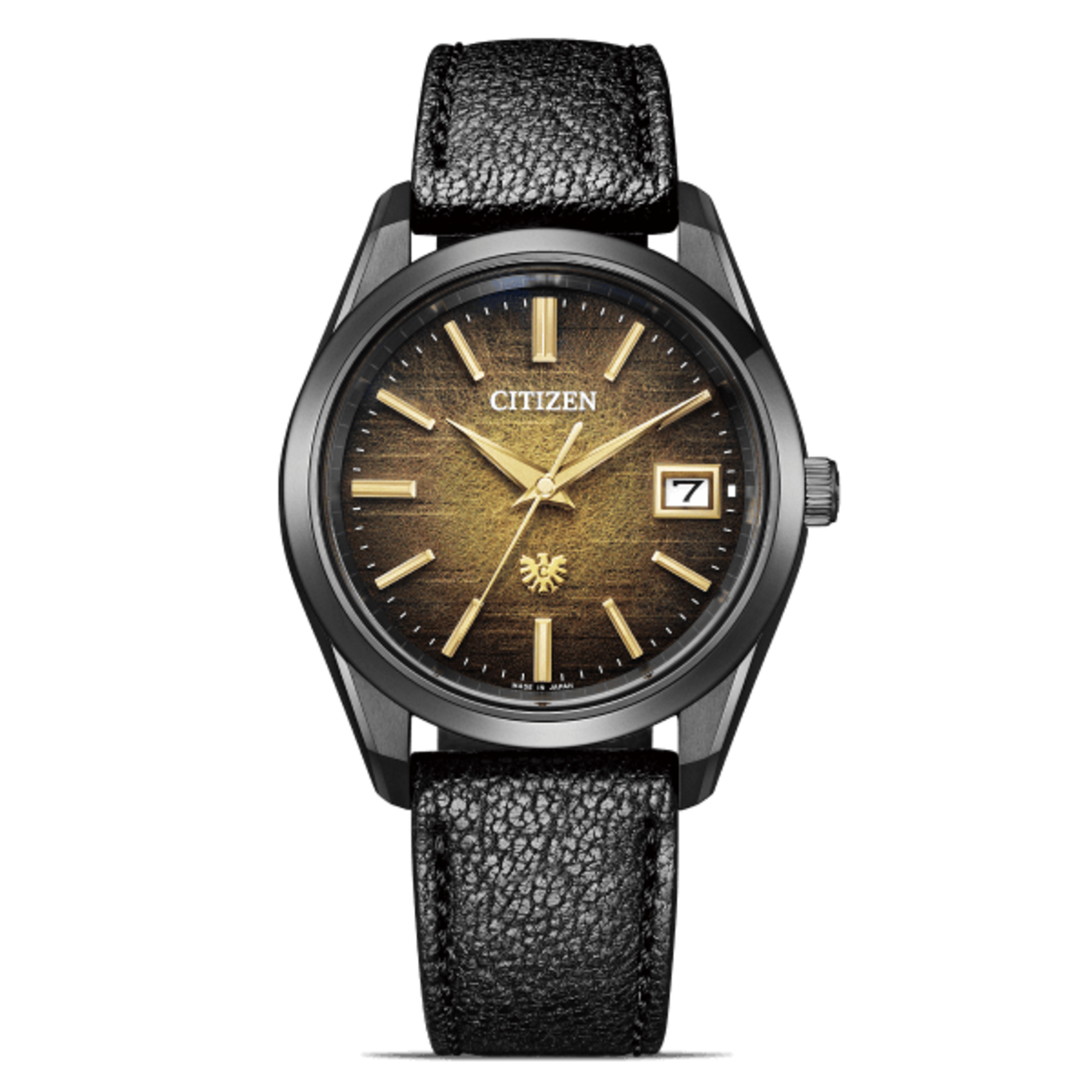 Citizen-Uhr mit schwarzem Armband und goldenem Zifferblatt, Datumsanzeige.