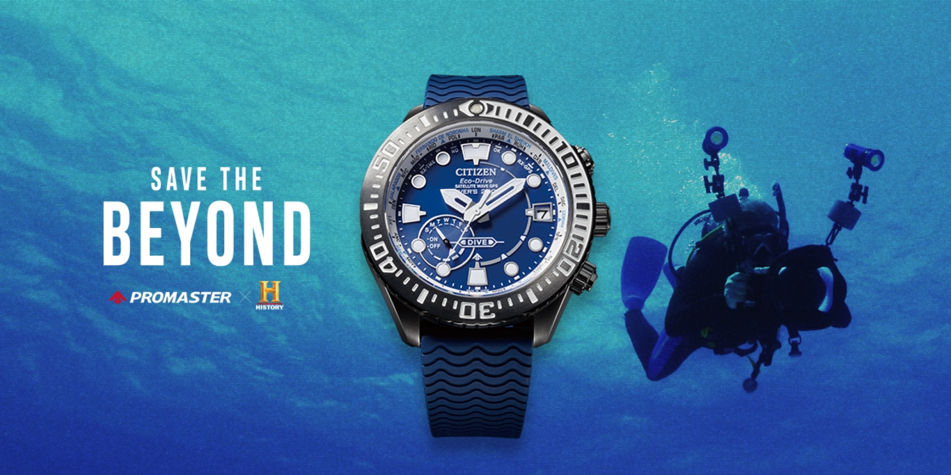 Citizen-Uhr, Taucher im Wasser, Save the Beyond, Promaster, History Channel.
