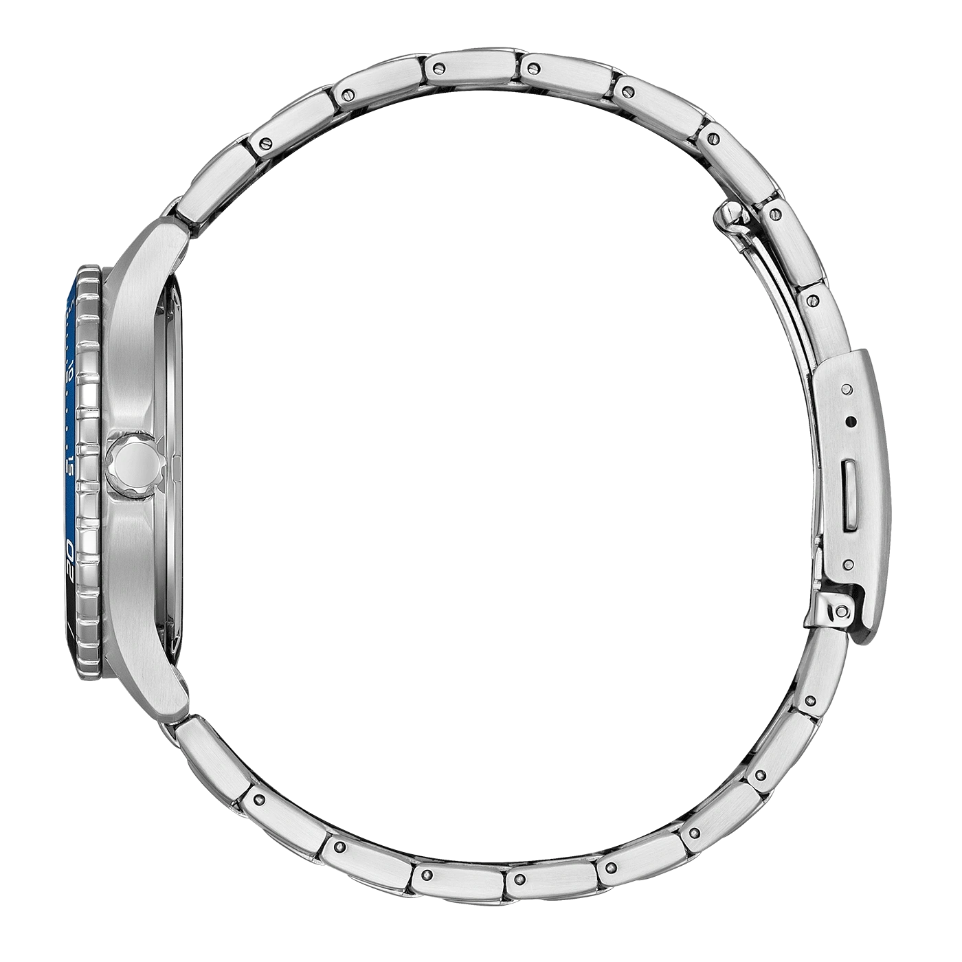 Seitenansicht einer silbernen Uhr mit blauer Lünette und Metallarmband.