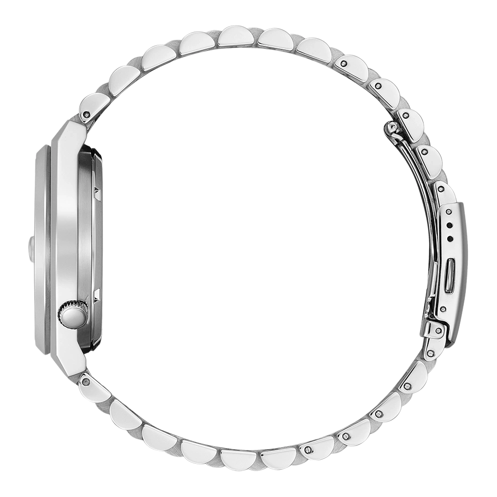 Seitenansicht einer silbernen Armbanduhr mit Metallband, elegantes Design.