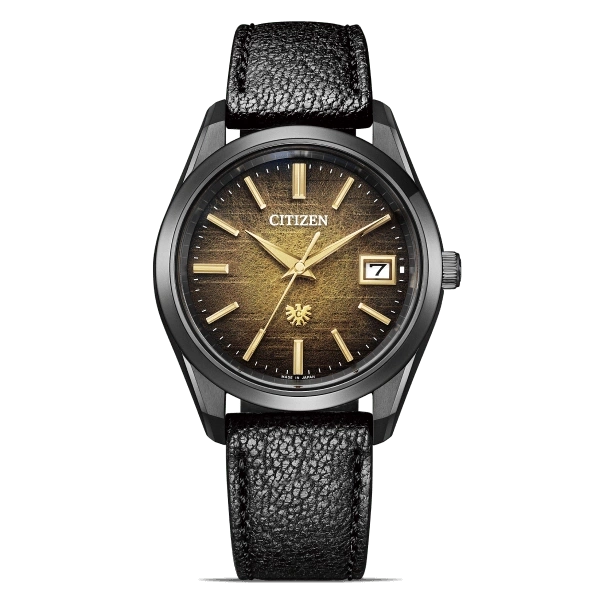 Citizen-Uhr mit schwarzem Armband und goldenem Zifferblatt, Datumsanzeige.