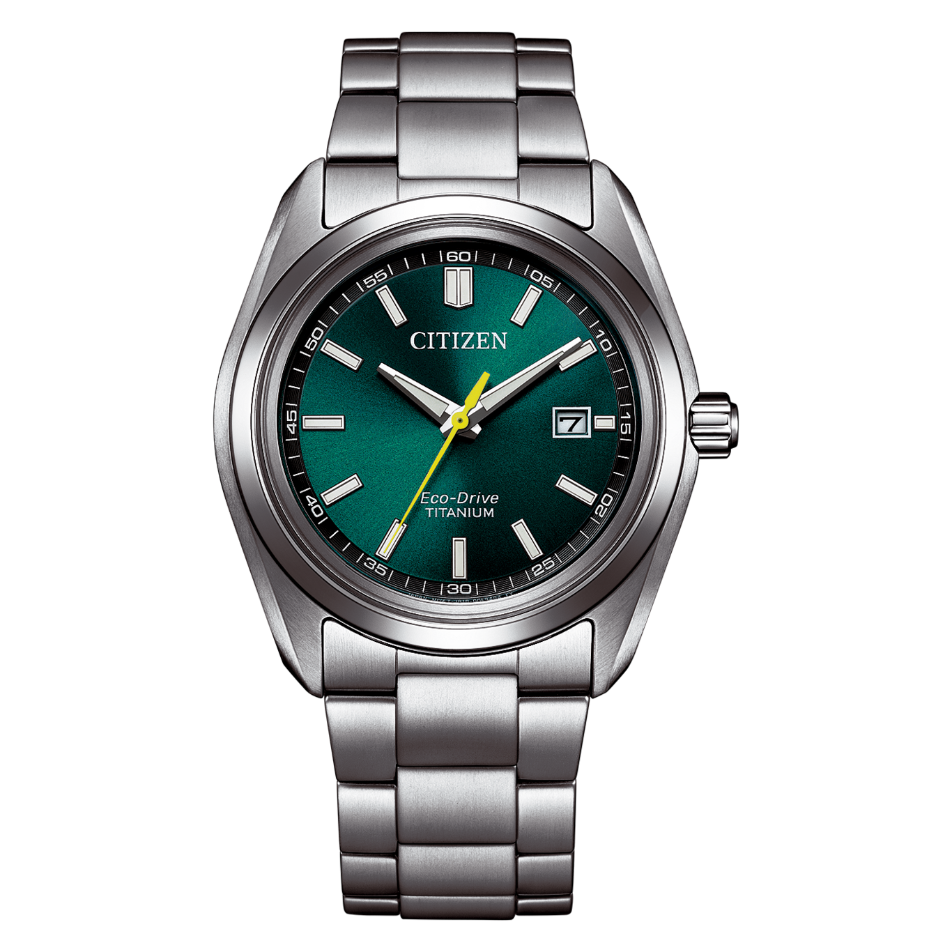 Nahaufnahme einer Citizen Eco-Drive Titanuhr mit grünem Zifferblatt.