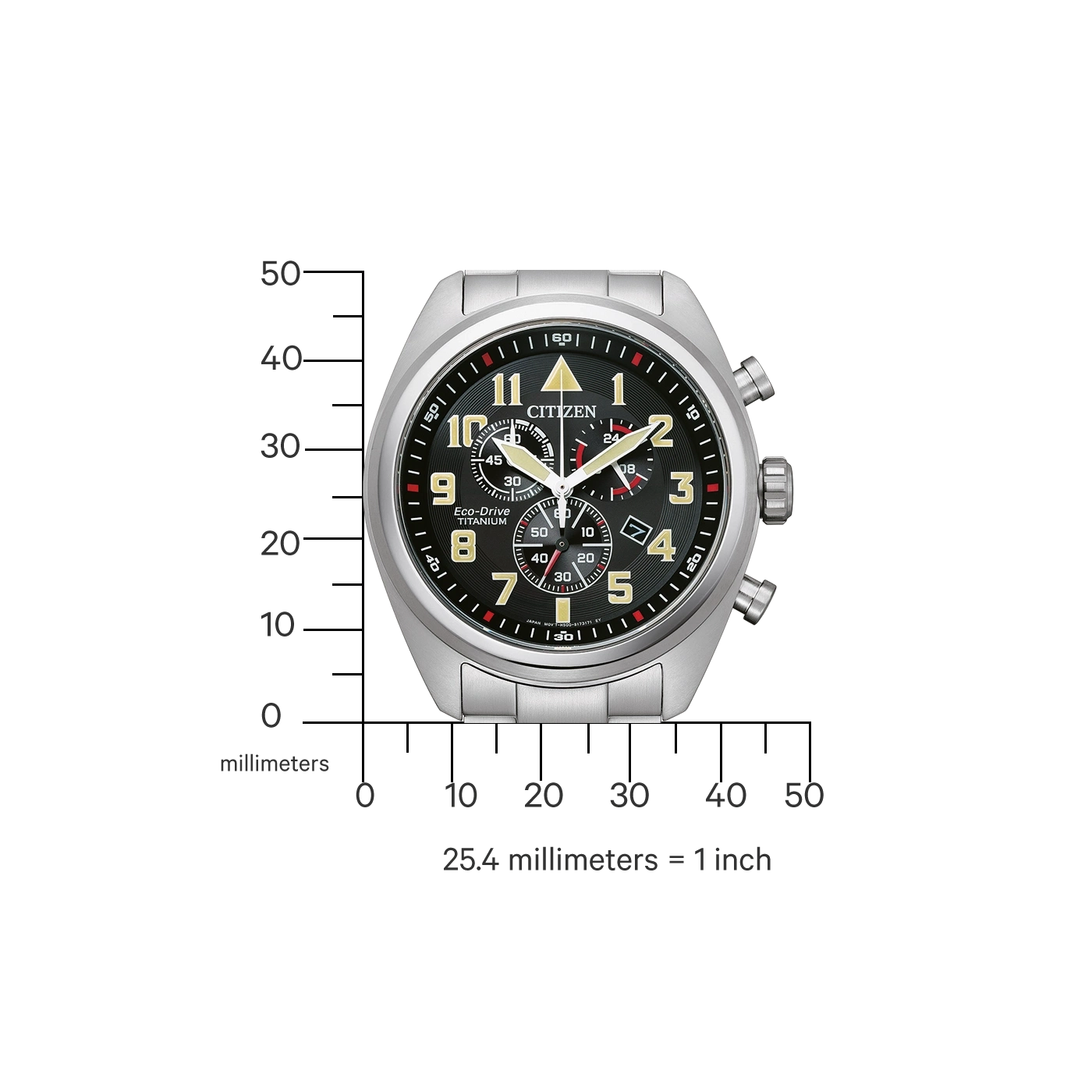 Citizen-Uhr mit schwarzem Zifferblatt, Titan, Eco-Drive, Chronograph und Zahlen. Silbernes Armband.