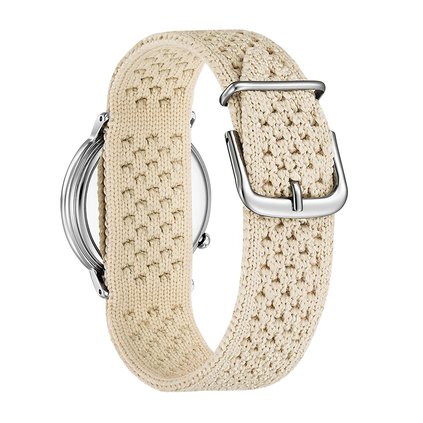 Nahaufnahme einer Uhr mit cremefarbenem Strickarmband und silberner Schnalle.
