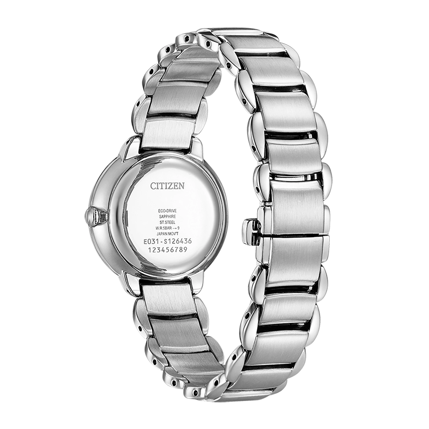 Citizen-Uhrrückseite, Eco-Drive, Saphir, Edelstahl, W.R. 5BAR, Japan Movt, E031-S126436
