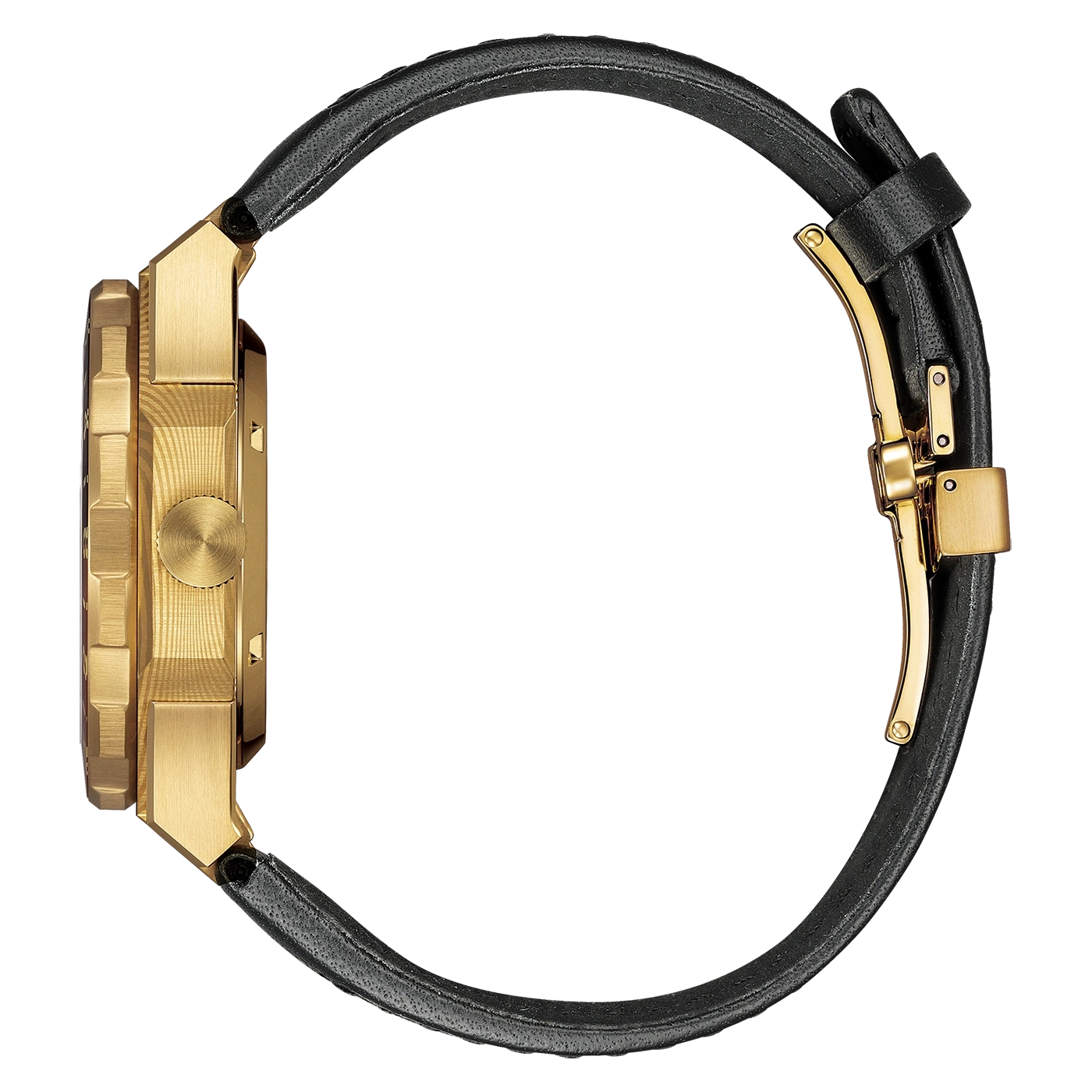 Eine goldene Uhr mit schwarzem Lederarmband.