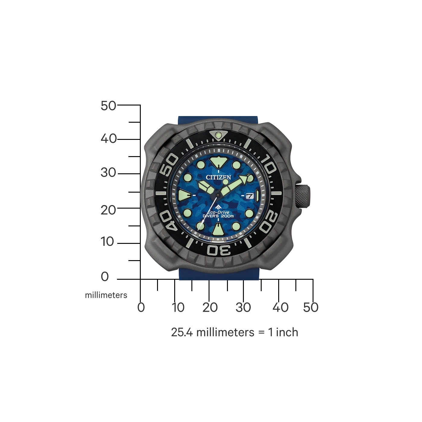 Citizen-Uhr mit blauem Zifferblatt, schwarzer Lünette und blauem Armband. Eco-Drive Diver's 200m.