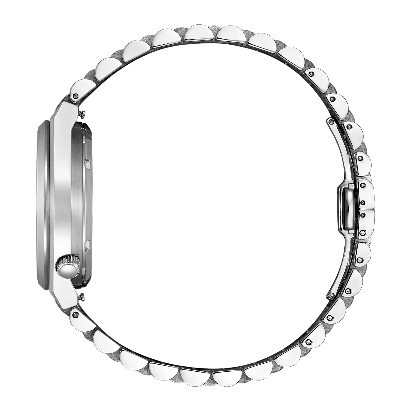 Silberne Uhr mit rundem Zifferblatt und Metallarmband, Seitenansicht.