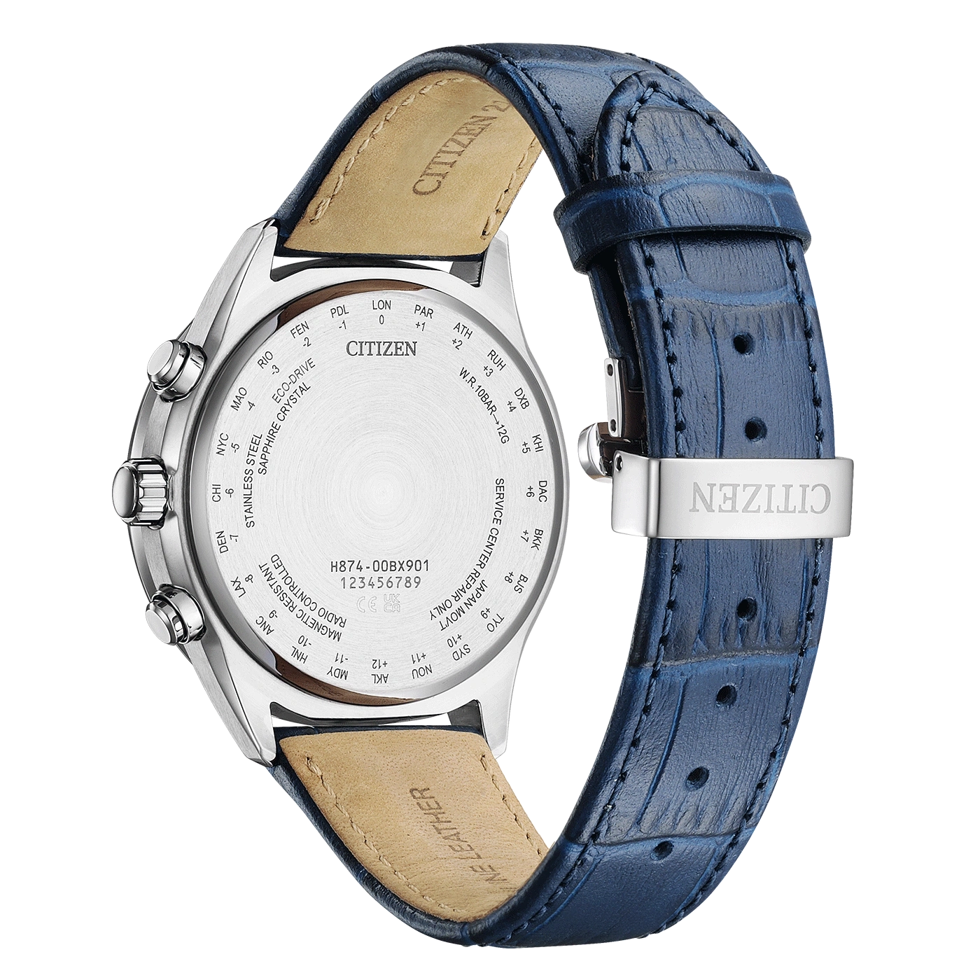 Rückseite der Citizen-Uhr mit blauem Lederarmband, Edelstahl und Textdetails.