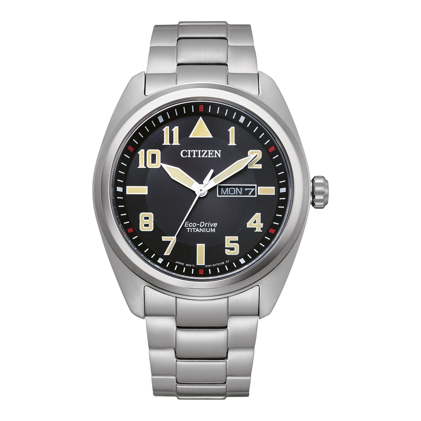 Citizen Eco-Drive Titanuhr mit schwarzem Zifferblatt und silbernem Armband.