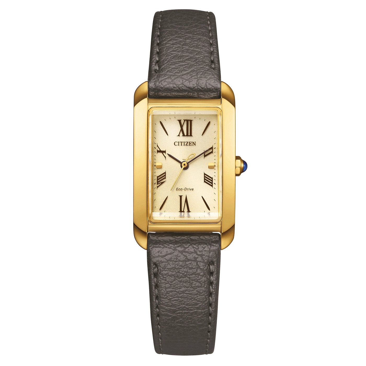 Citizen-Uhr mit goldenem Gehäuse, Lederarmband und römischen Ziffern auf weißem Hintergrund.