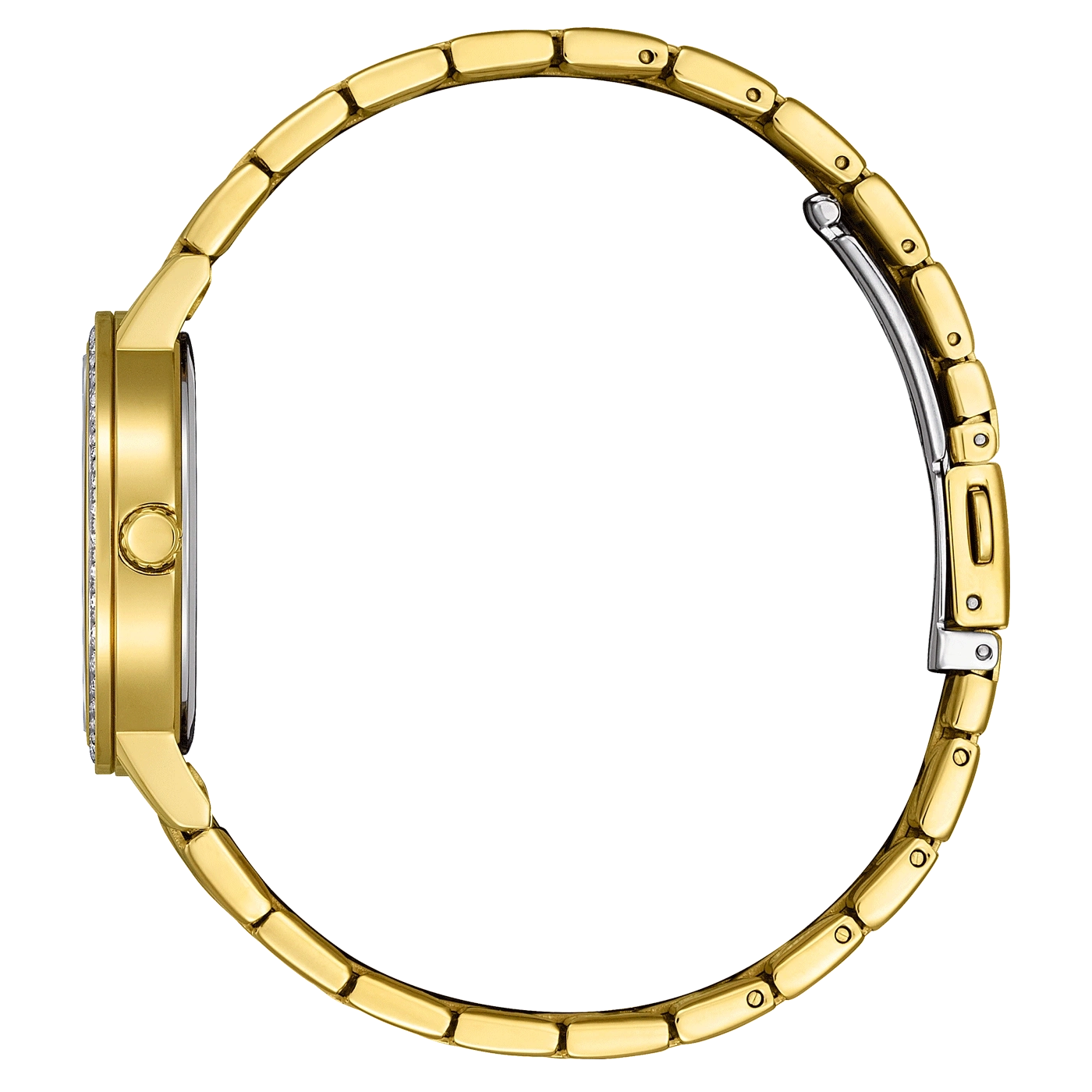 Goldene Uhr mit diamantbesetzter Lünette und goldenem Armband, Seitenansicht.
