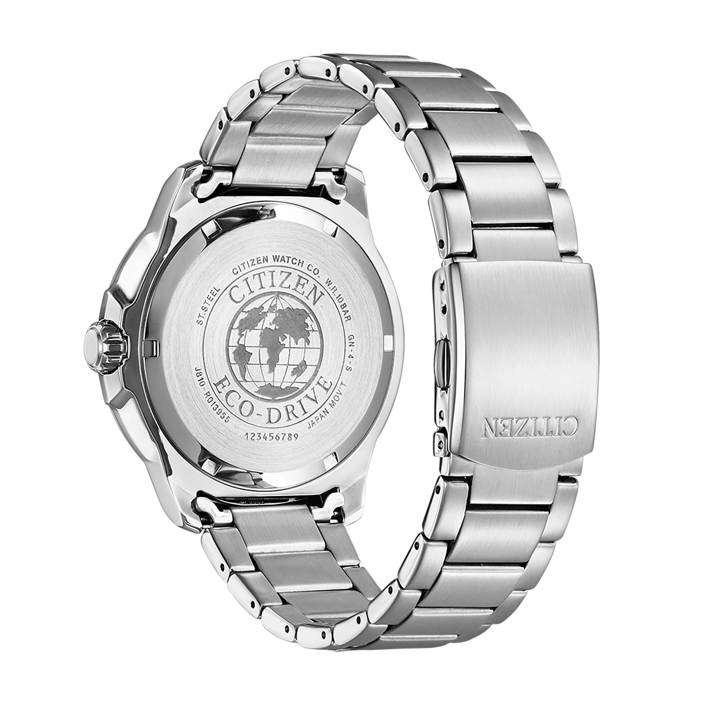Citizen-Uhrrückseite mit Eco-Drive, Edelstahl und Wasserdichtigkeit.