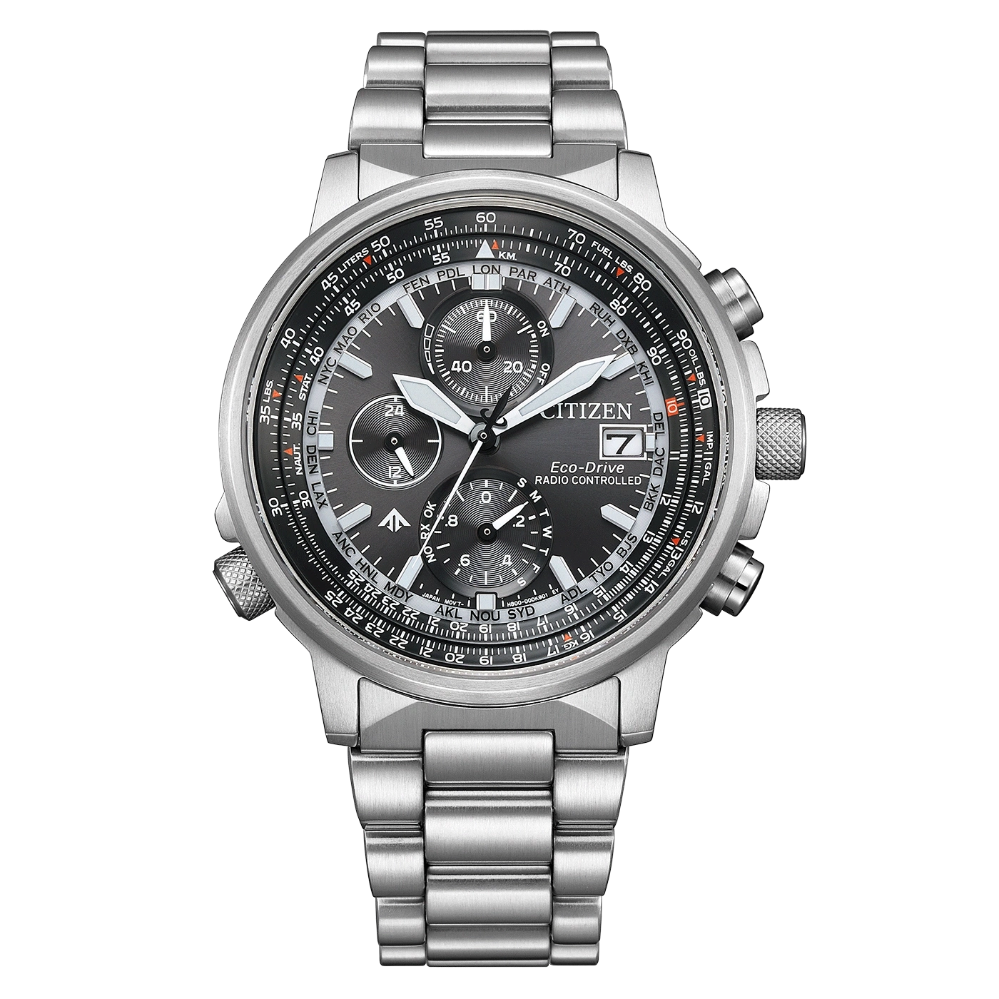 Citizen-Uhr mit mehreren Zifferblättern, silbernem Armband und Eco-Drive-Technologie, die Zeit und Datum anzeigt.