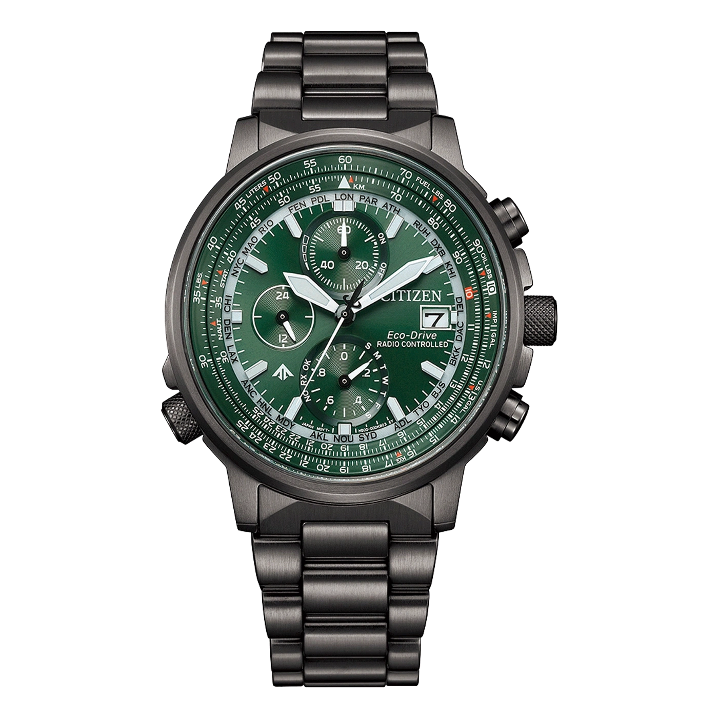 Citizen-Uhr mit grünem Zifferblatt und schwarzem Armband, Eco-Drive, funkgesteuert.