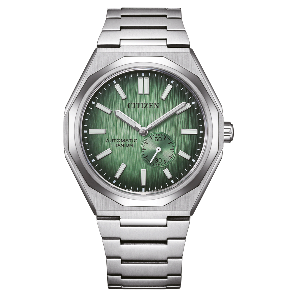 Citizen-Uhr mit grünem Zifferblatt und Titanarmband, Automatikwerk.