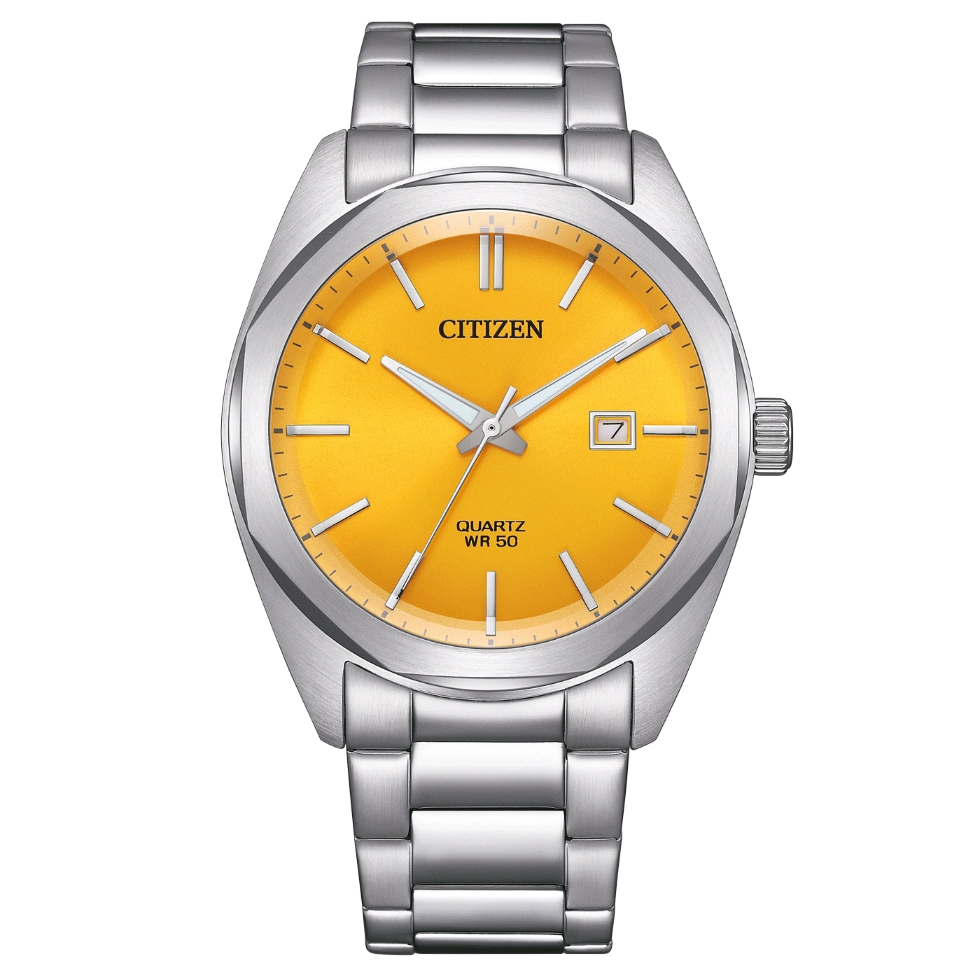 Citizen-Uhr mit gelbem Zifferblatt und silbernem Armband, Quarzwerk.