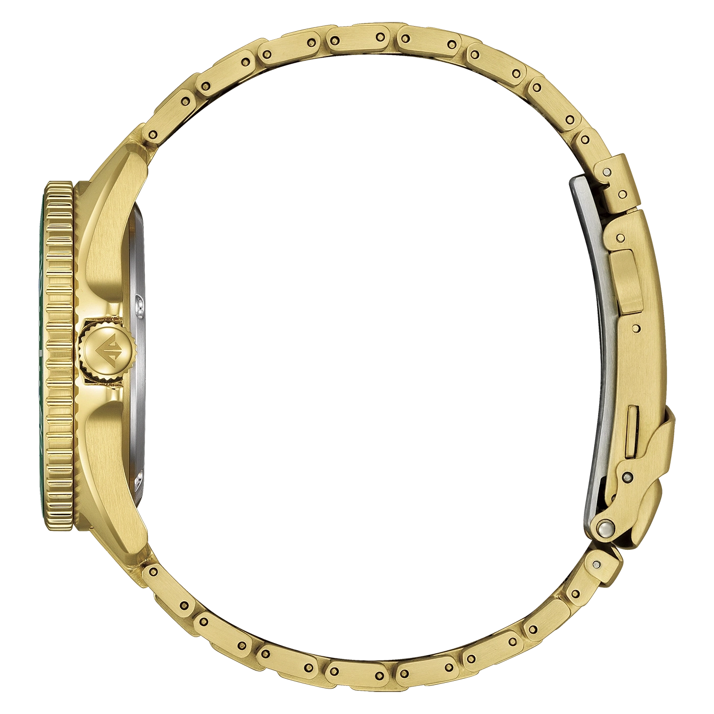 Seitenansicht einer goldenen Uhr mit Gliederarmband.