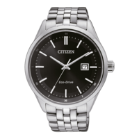 Citizen-Uhr mit schwarzem Zifferblatt und silbernem Armband, Eco-Drive-Technologie.