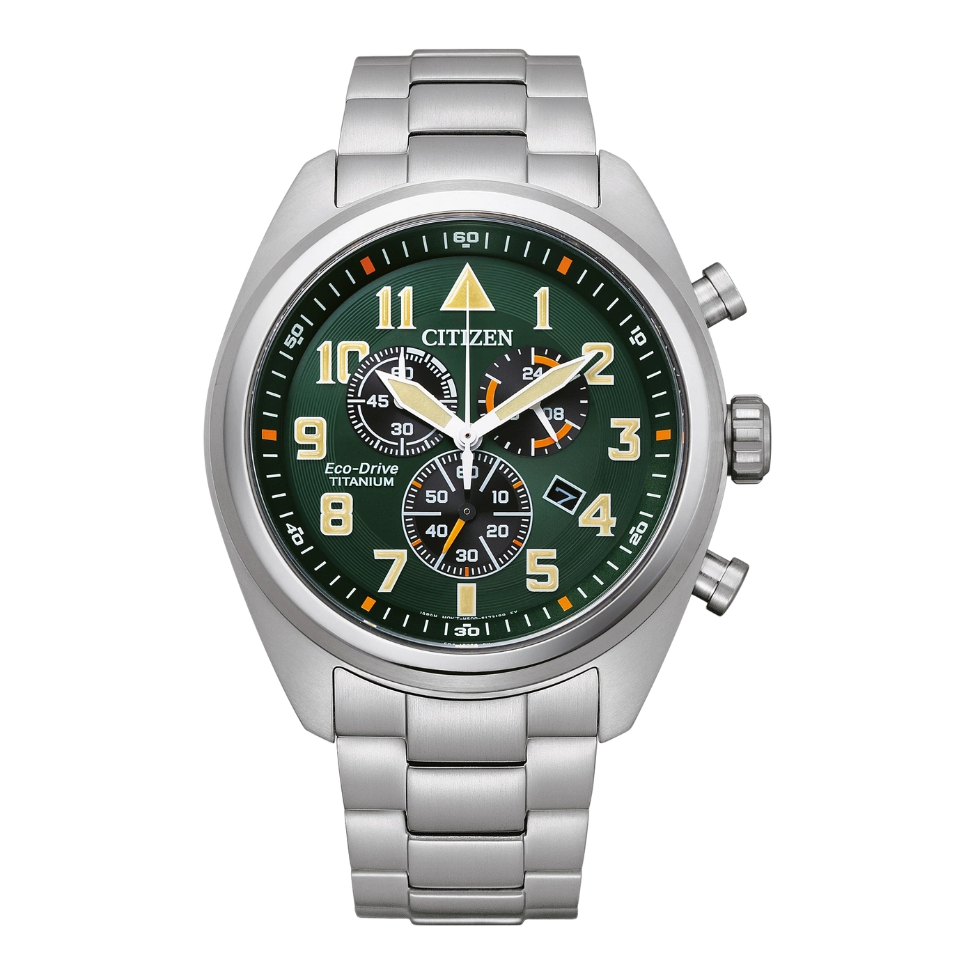 Citizen-Uhr mit grünem Zifferblatt, Titan, Chronograph, Eco-Drive und silbernem Armband.