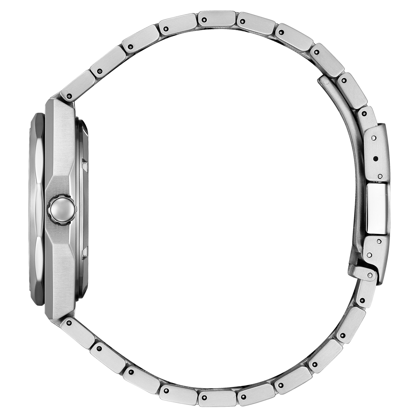 Seitenansicht einer silbernen Armbanduhr mit Metallband, elegantes Design