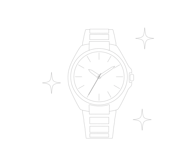 Eine Uhr mit Metallarmband und drei Glitzersternen drumherum.