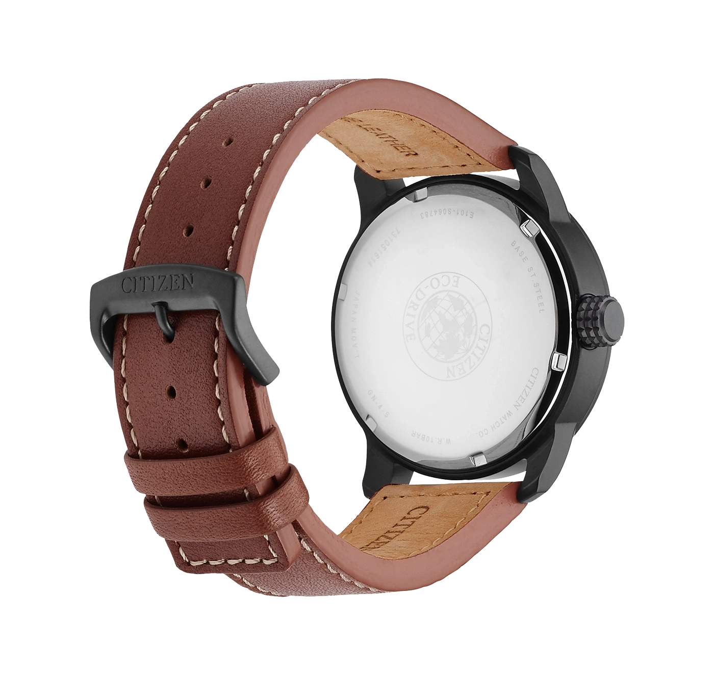 Citizen-Uhr mit braunem Lederarmband, schwarzem Gehäuse und Eco-Drive-Technologie.