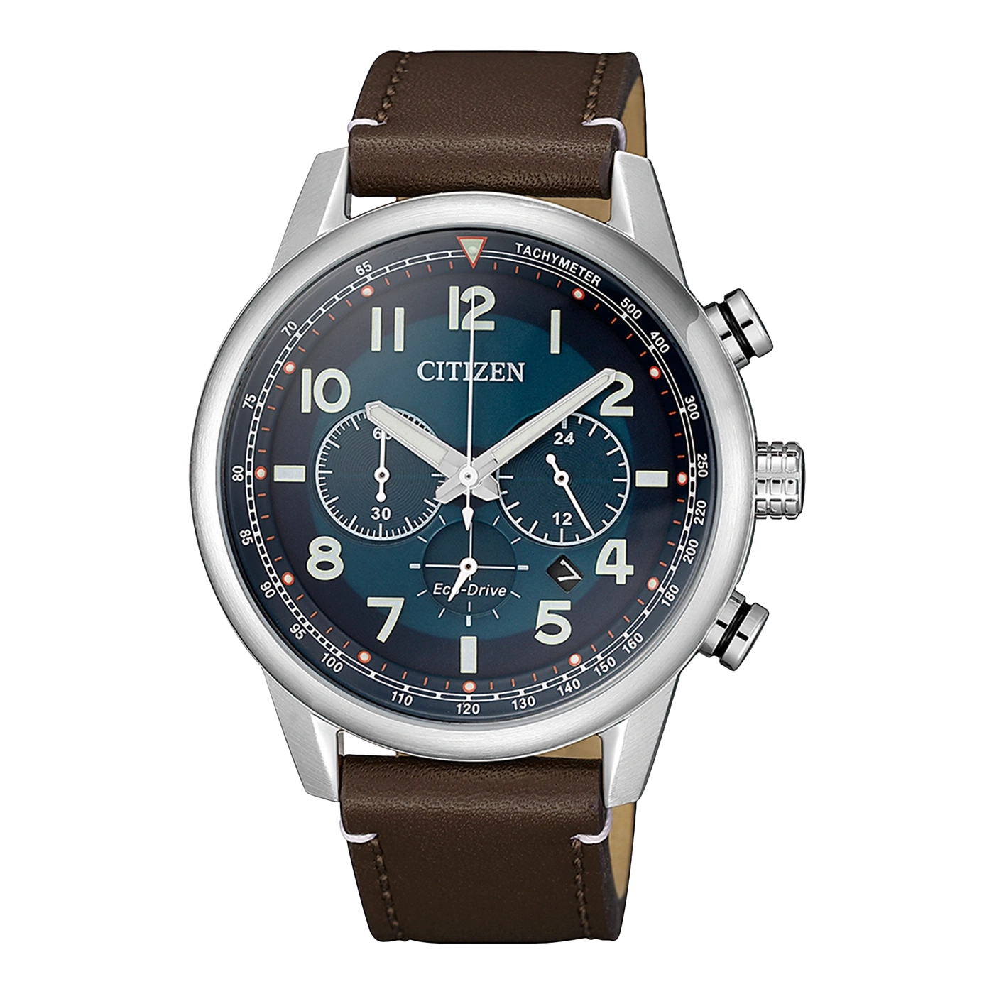 Citizen-Uhr mit blauem Zifferblatt und braunem Lederarmband.
