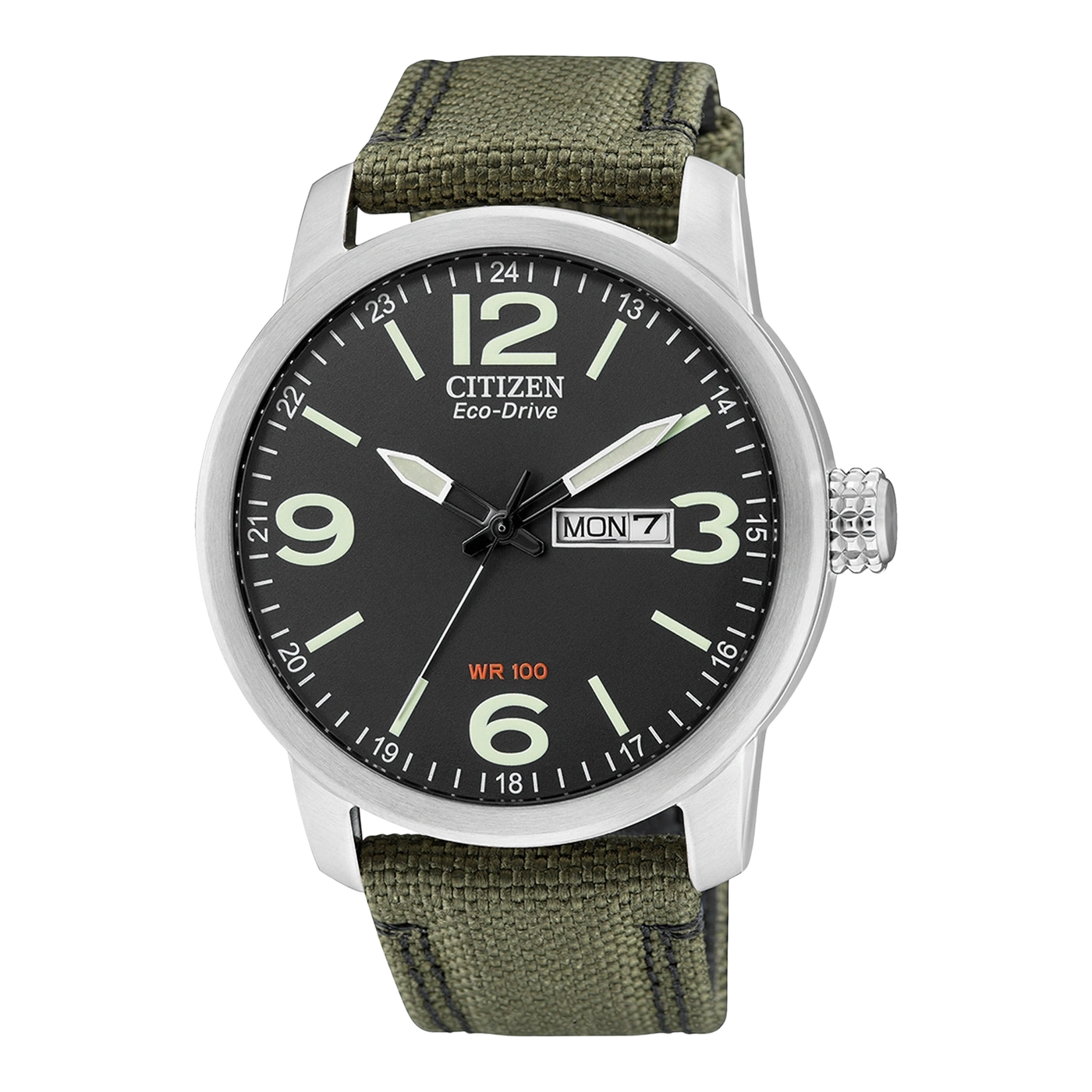 Citizen Eco-Drive Uhr mit schwarzem Zifferblatt, grünem Armband und Tagesdatumsanzeige.