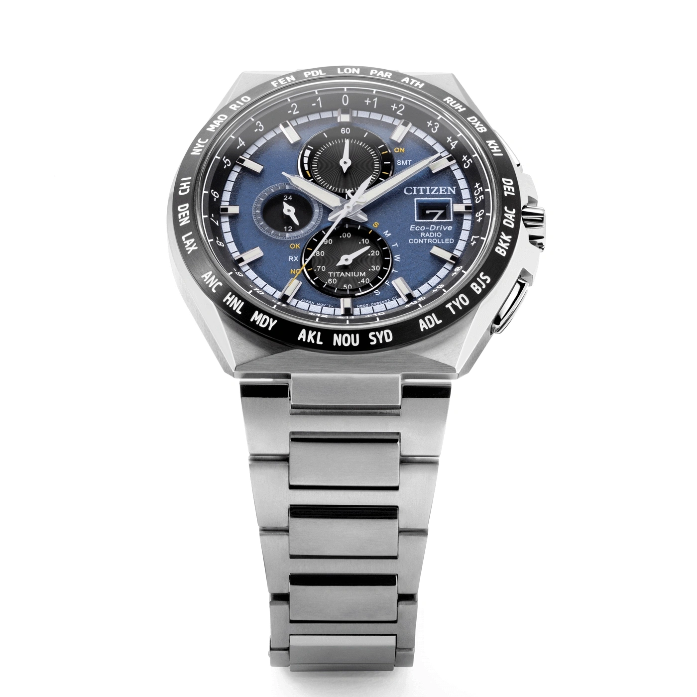 Citizen-Uhr mit blauem Zifferblatt, Titan, funkgesteuert, Zeitzonen.