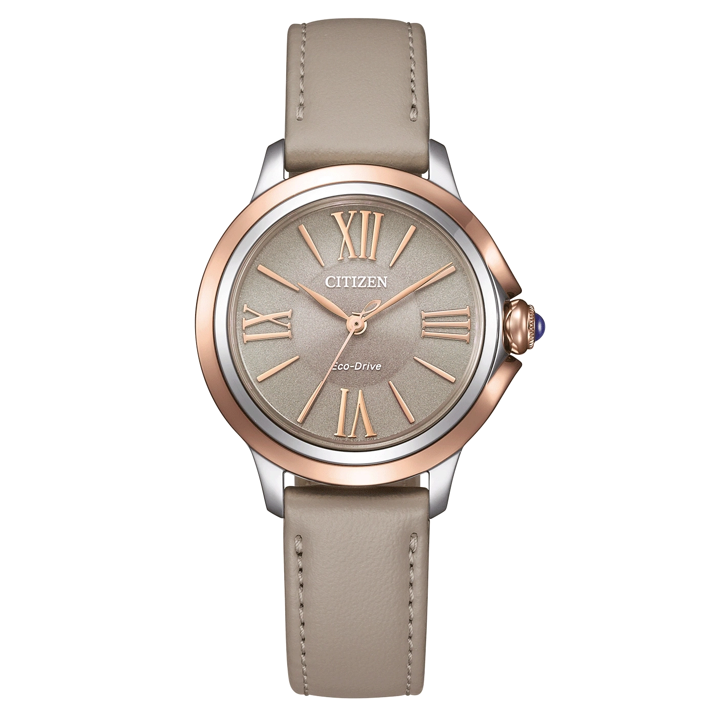 Citizen-Uhr mit roségoldener Lünette und grauem Lederarmband