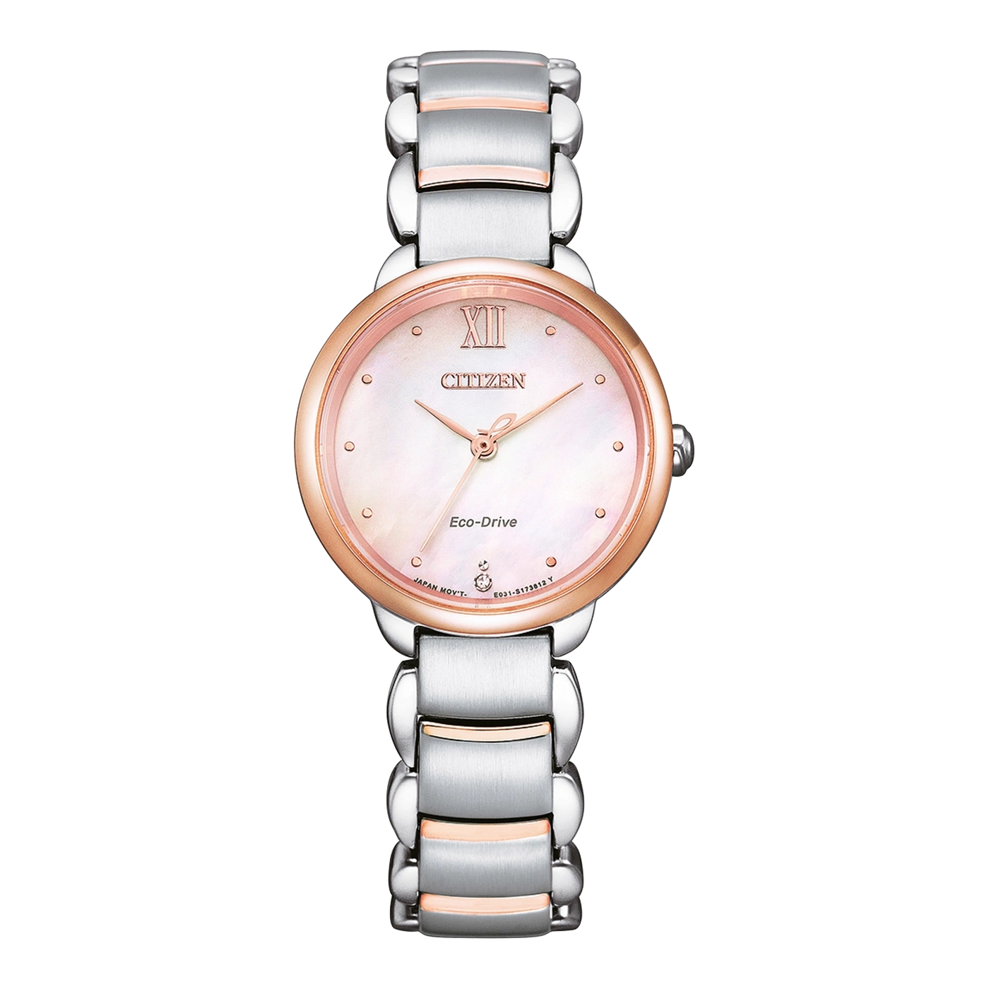 Citizen Eco-Drive Uhr mit weißem Zifferblatt und silbernem und roségoldenem Armband.