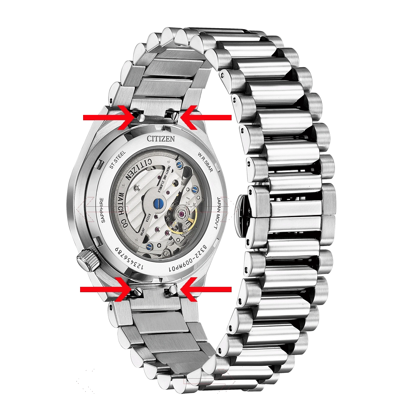 Citizen-Uhr, Rückseite mit Mechanismus, Edelstahlband, Beschriftungen, und Pfeilen.