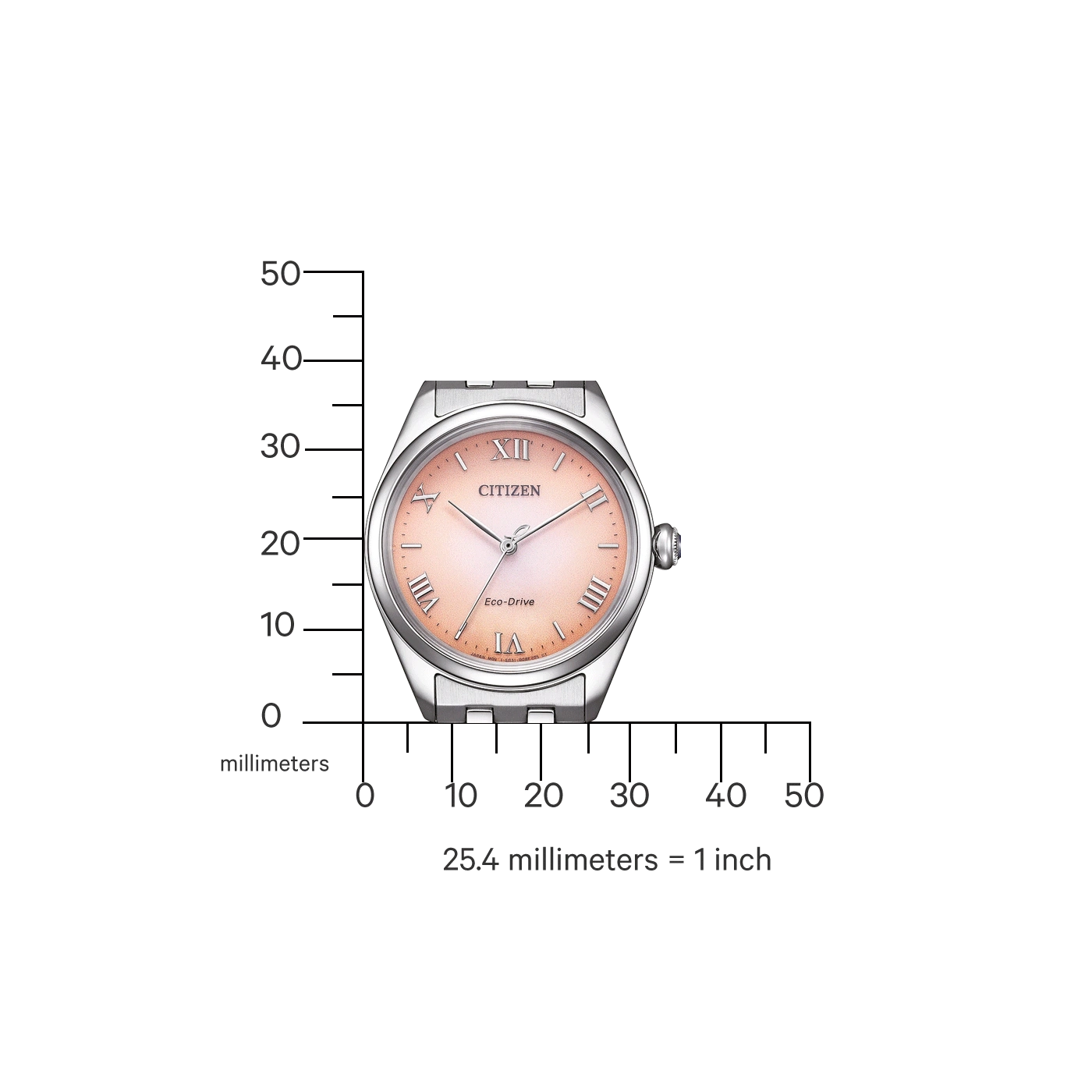 Citizen-Uhr mit rosa Zifferblatt, Millimeter-Messung, mit Skala.