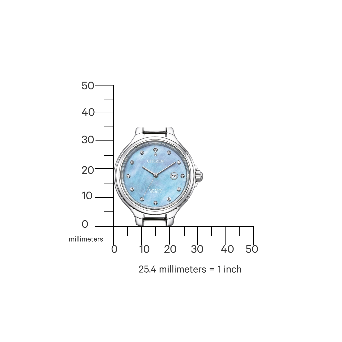 Citizen-Uhr mit blauem Zifferblatt und Diamantakzenten, Messskala.