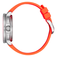 Seitenansicht einer modernen silbernen Uhr mit einem orangefarbenen Kautschukarmband.