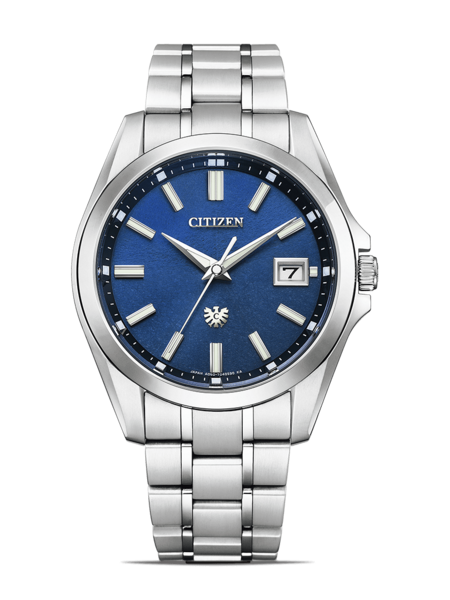 Citizen-Uhr mit blauem Zifferblatt und silbernem Armband, elegantes Design.
