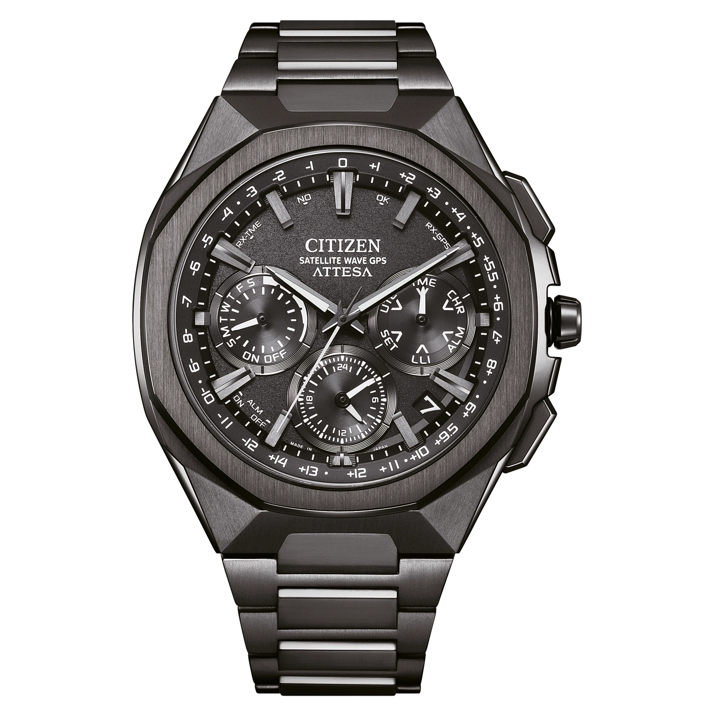 Schwarze Citizen Attesa Uhr mit mehreren Zifferblättern und Metallarmband, modernes Design.