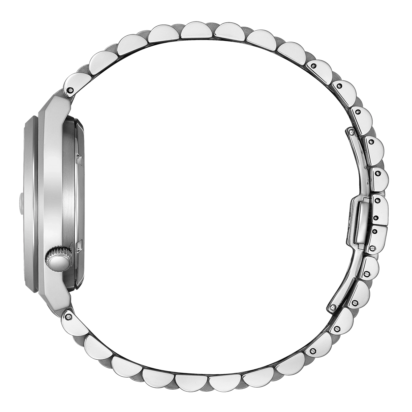 Seitenansicht einer silbernen Armbanduhr mit Metallband, elegantes Design.