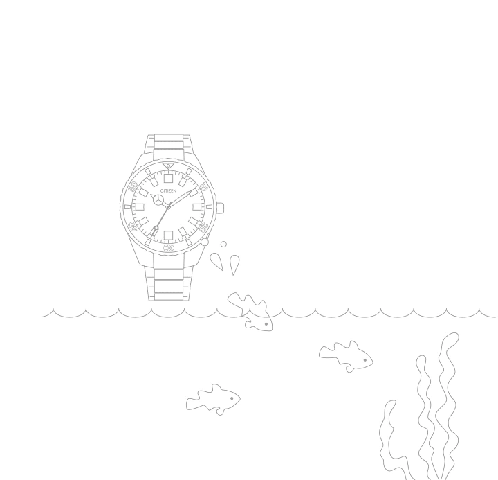 Uhr taucht ins Wasser mit Fischen und Seetang, Marke Citizen.