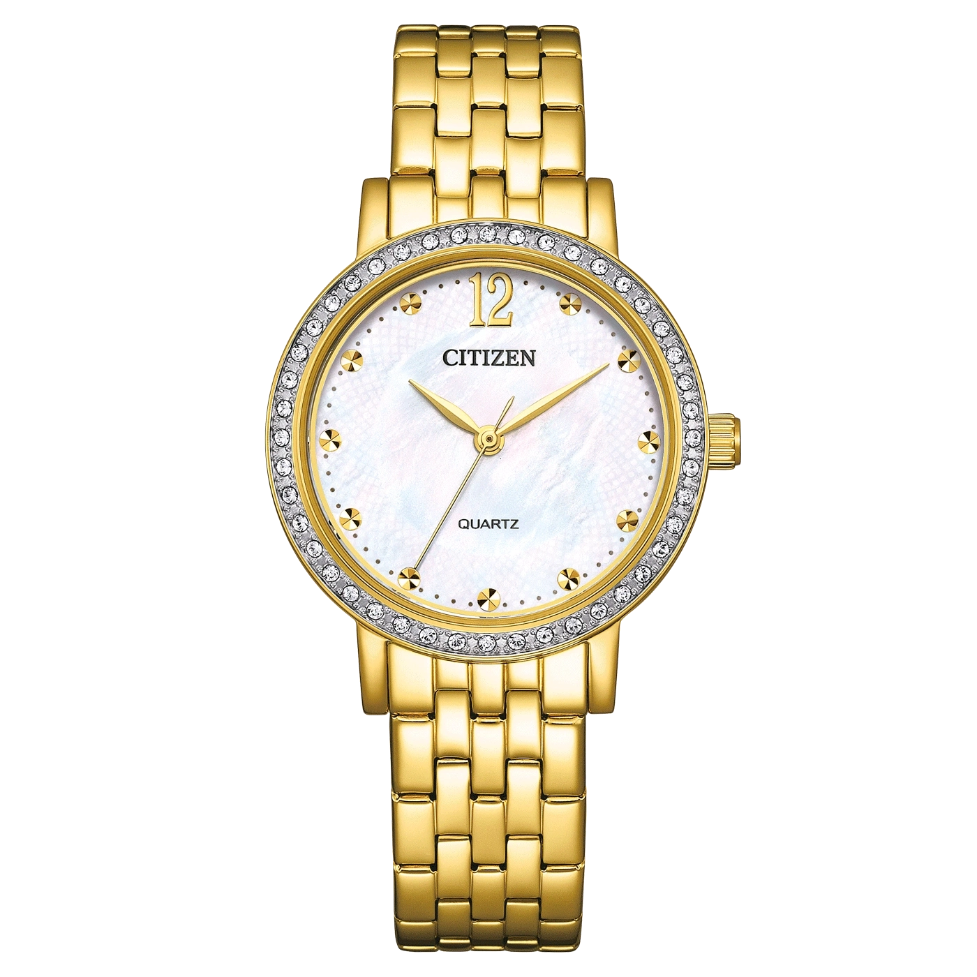 Goldene Citizen-Uhr mit weißem Zifferblatt und Diamantakzenten, Quarz.
