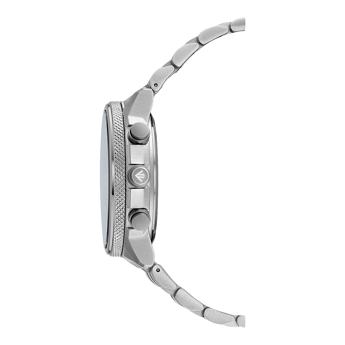 Seitenansicht einer silbernen Uhr mit Metallarmband und Knöpfen.