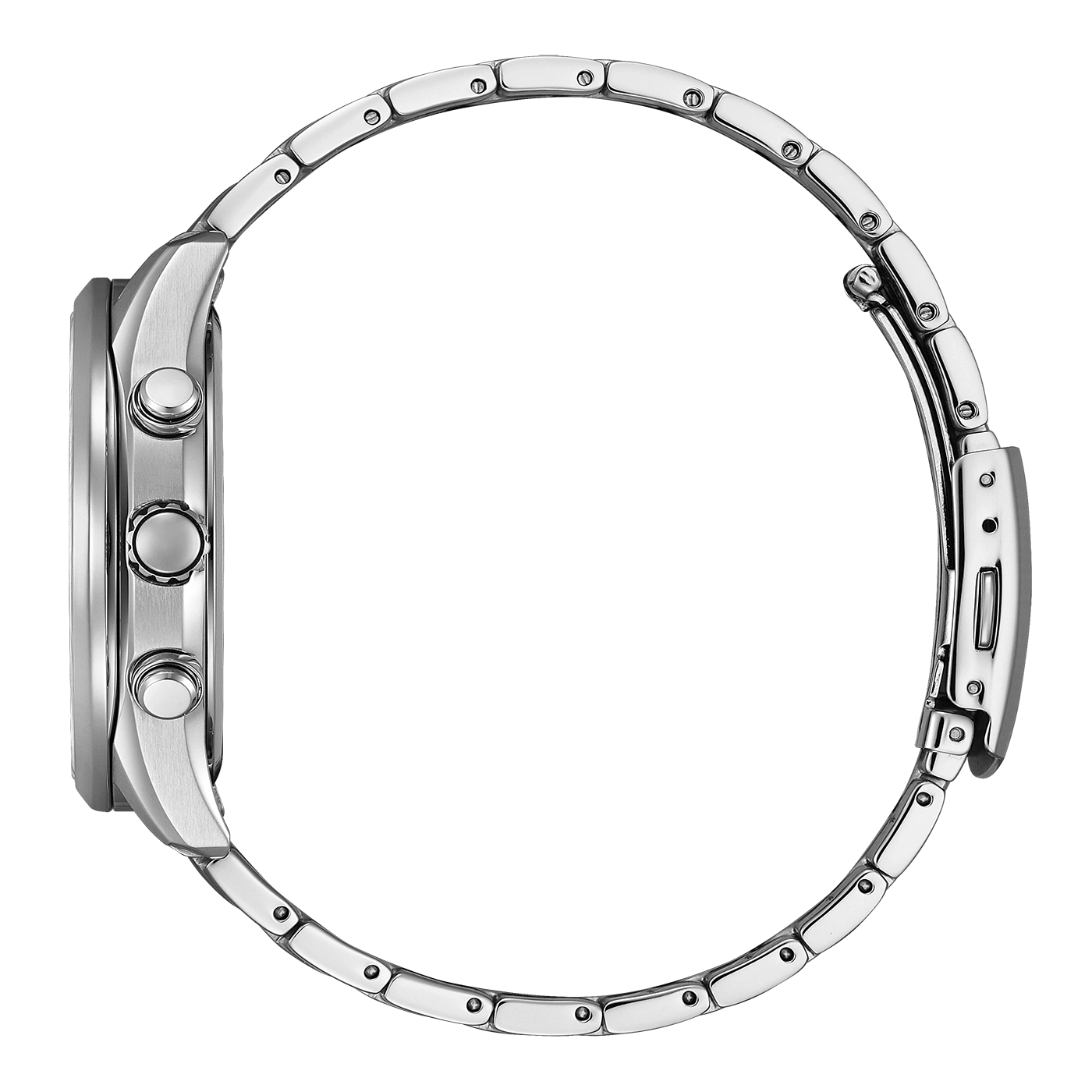 Seitenansicht einer silbernen Armbanduhr mit Metallband und Knöpfen.