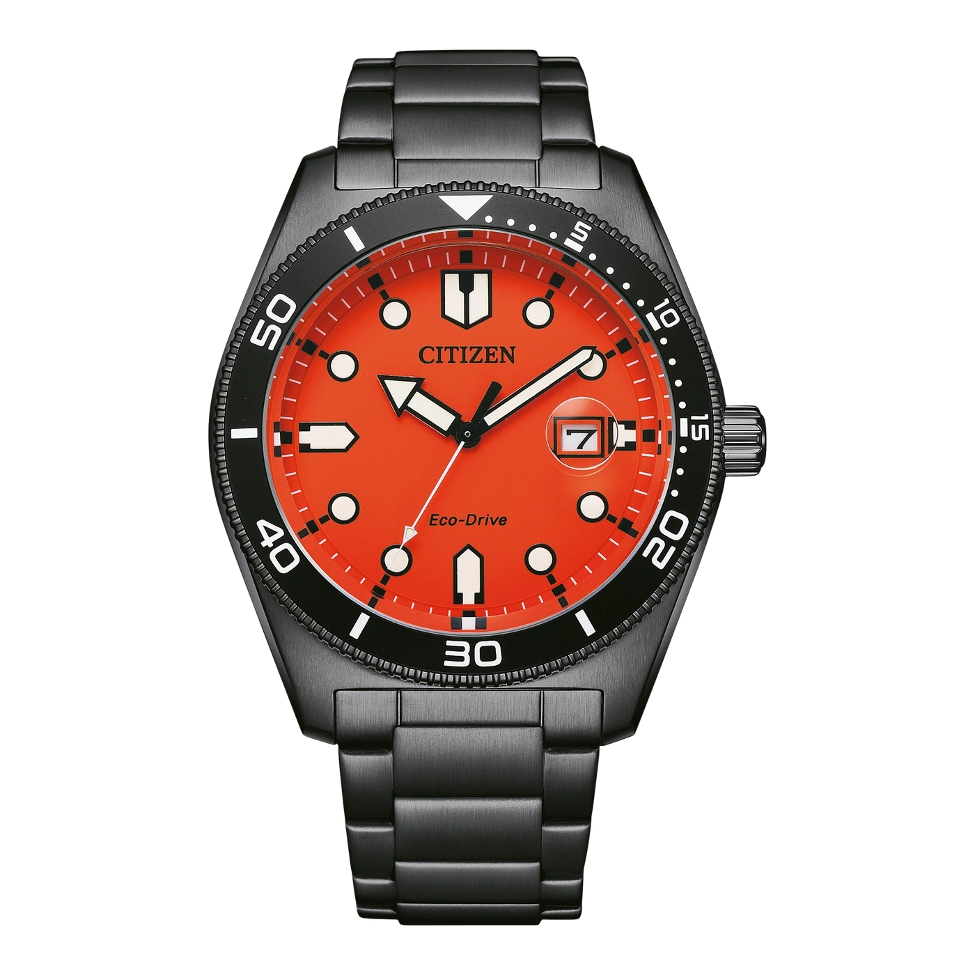 Citizen-Uhr mit orangefarbenem Zifferblatt, schwarzer Lünette und Armband.