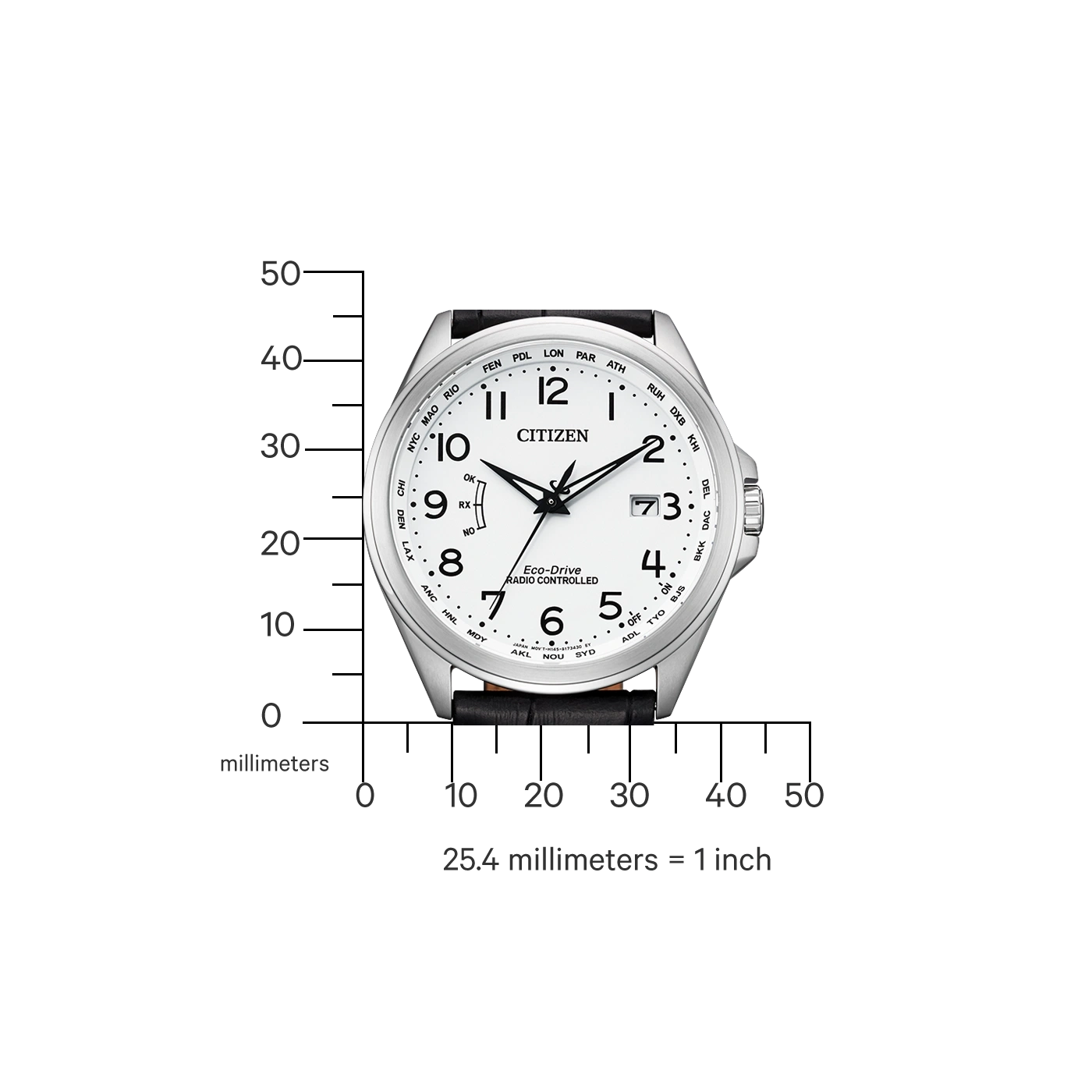 Citizen-Uhr mit weißem Zifferblatt, schwarzem Lederarmband und Zeitzonenanzeigen.