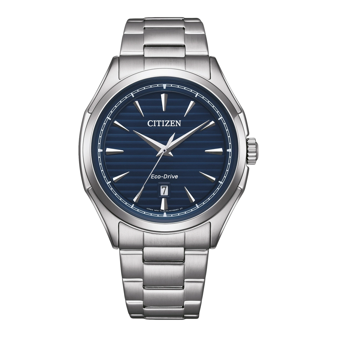 Citizen-Uhr mit blauem Zifferblatt und silbernem Armband, elegantes Design.